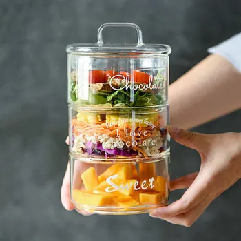 

Transparent Glass Jars Salad Bowl and Lids Heat-Resistant Stackable Box Cereal Container Dispenser Cake Fruit Kitchen Organizer