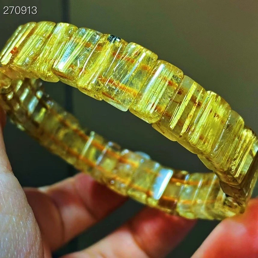 

Natural Gold Rutilated Quartz Flower Bracelet 12mm Clear Rectangle Beads Brazil Women Men Fashion Wealthy AAAAAA