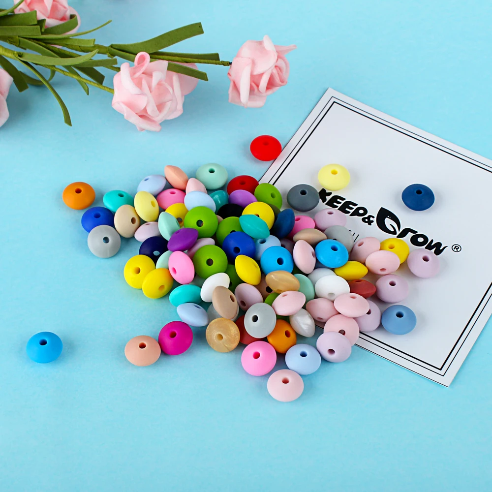 Keep&Grow 50Pcs 12MM Silicone Lentil Beads Food Grade Abacus Beads BPA Free Baby Teether Toys For Teething Pacifier Chain Making