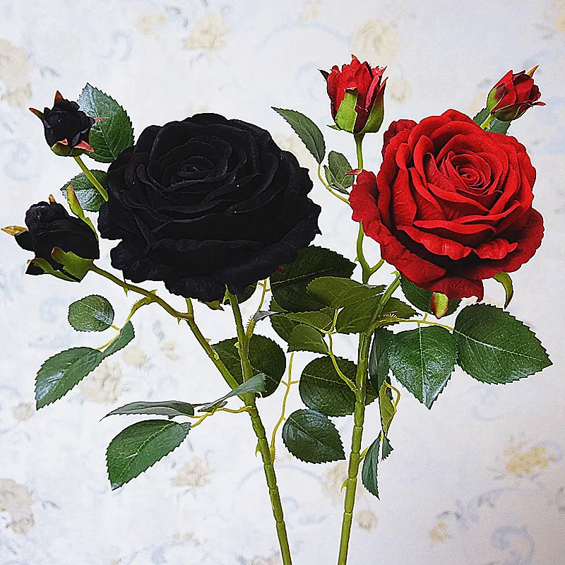 1Pcs 3 Heads Fake Silk Black Rose Simulation Rose Plant For Wedding Christmas Decoration Two Colour Artificial Flower JH142 (1)