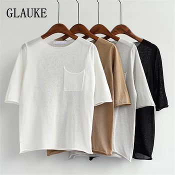 

GLAUKE fairy unlined upper garment jacket in the ladies' sweater T-shirt sleeve round collar collar thin perspective pocket