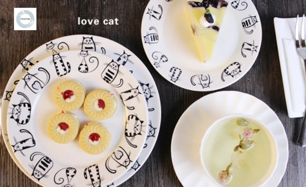 

Homies Handcrafted Round cat dish different size 6/7/8 inch plate set Storage Cartoon Kitty Tray Home Decoration home Restaurant