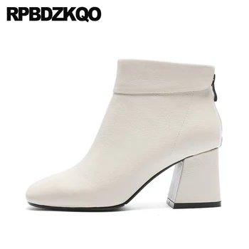 

chunky luxury fall high heel short 2019 shoes block brand women winter boots genuine leather ankle autumn square toe beige thick