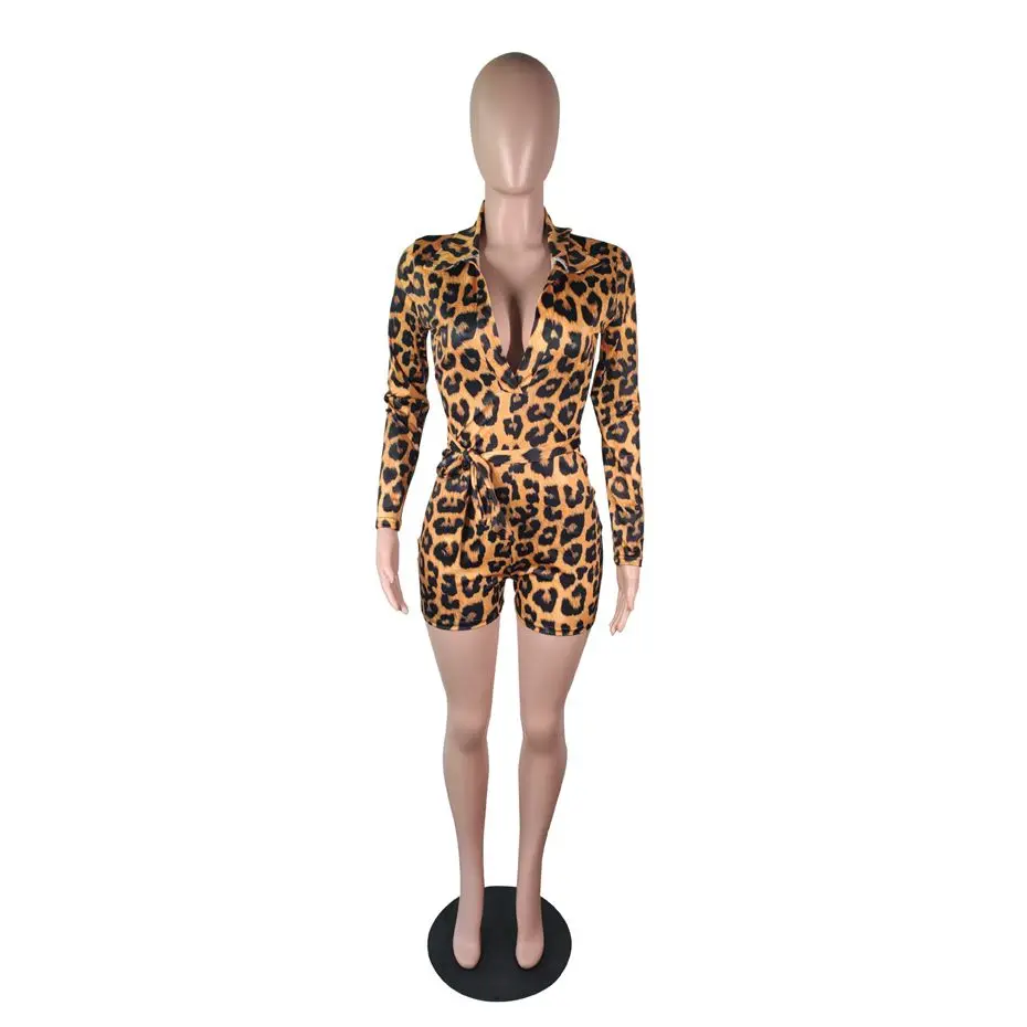 HAOYUAN, леопардовый принт, короткий комбинезон с длинным рукавом, глубокий v-образный вырез, женская модная одежда, осень, пояса облегающие, сексуальный клубный комбинезон