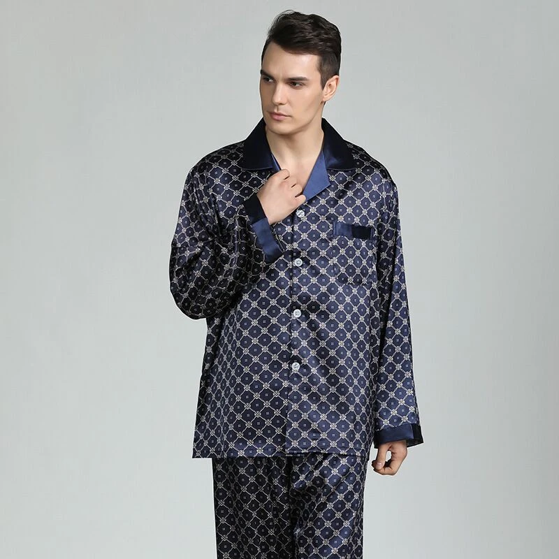 

New Autumn Cozy Silk Pajamas Set Men Long-sleeved Tops & Pants Two Pieces Sleepwear Set Plus Size Satin Pyjamas Home Clothes
