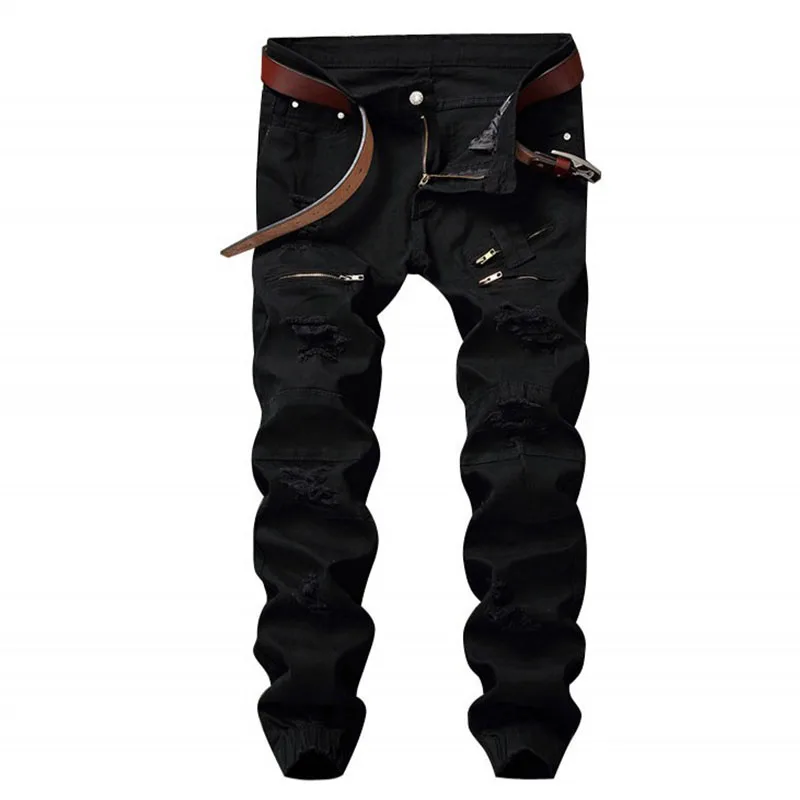 

Mcikkny Fashion Men's Ripped Distressed Jeans Pants Slim Straight Denim Trousers Hi-street Jeans Jogger Elastic Cuff Black