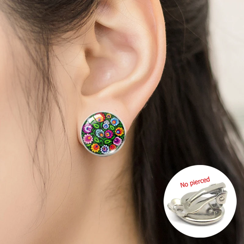 

HZSHINLING New Arrival Polish Folk Art Patterns Round No Pierced Earrings Clip Pattern Sweet Summer Accessories