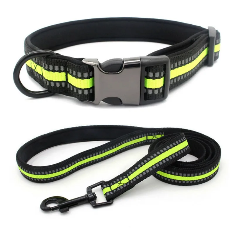 Регулируемый нейлоновый ошейник для собак, отражающий для собак ошейники, набор поводков для домашних животных, ошейник для маленьких и средних собак - Цвет: green collar  leash