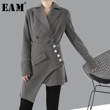 

[EAM] Loose Fit Gray Rhinestone Asymmetrical Two Piece Jacket New Lapel Long Sleeve Women Coat Fashion Tide Spring 2020 1R74102