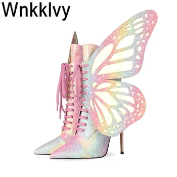 

Fashion Butterfly glittery short Boots Women Ankle Boots For Women High Heels Shoes sequins Pointed Toe Zipper Party Boots Mujer