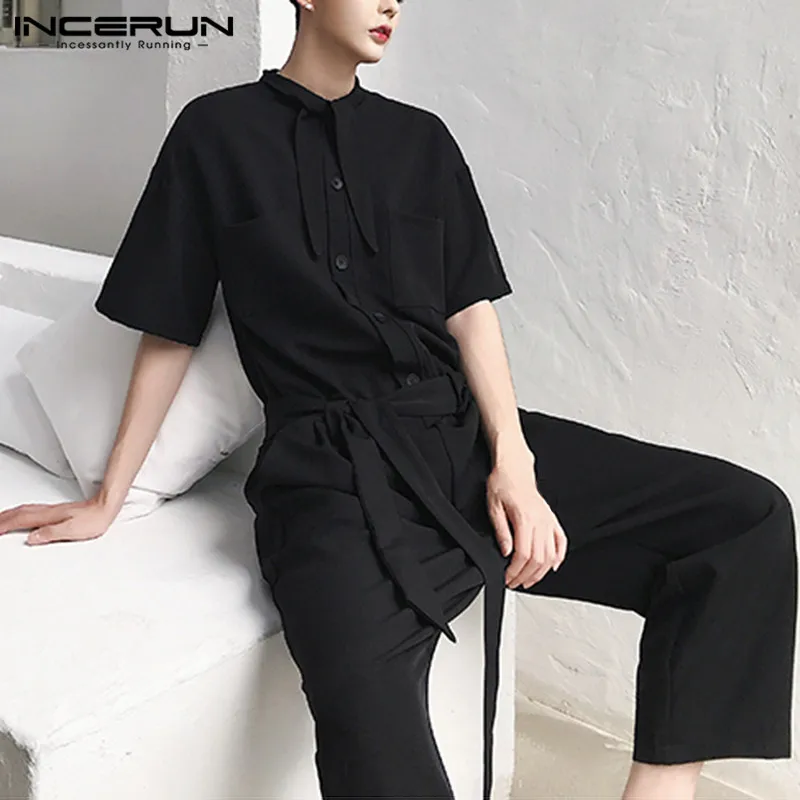 INCERUN корейская мода для мужчин сплошной цвет комбинезон с короткими рукавами удобные мешковатые брюки карго мужские s повседневные Комбинезоны уличная одежда 7