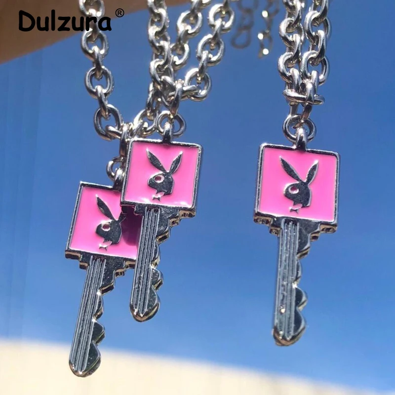 

Harajuku Rabbit Key Pendant Necklaces Women Chic Design Unisex Lovers Stainless Steel Choker Punk Style Cool Girls Collares