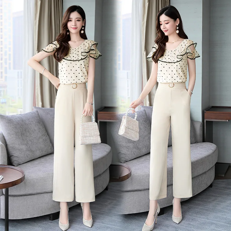 

Ozhouzhan 2019 Summer New Style Two-Piece Printed Short Sleeve Lace-up Shirt Capri Loose Pants WOMEN'S Suit