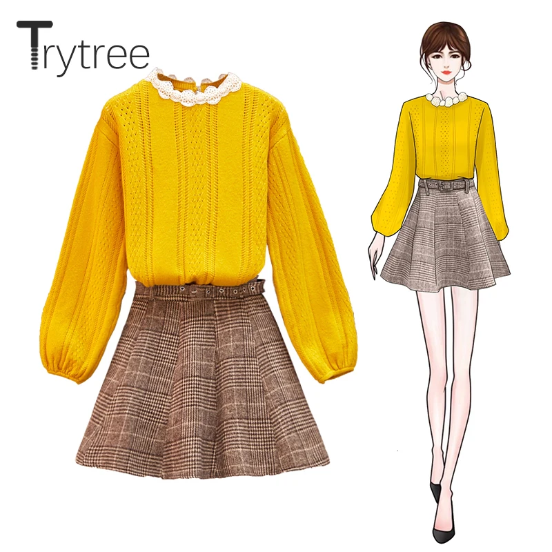 Trytree 2019 осенний зимний комплект из двух предметов Повседневный кружевной топ с