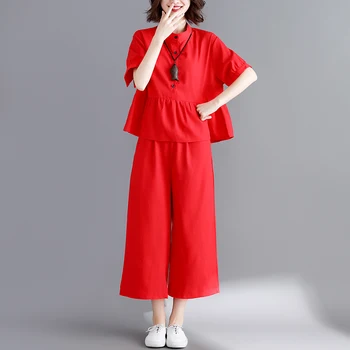 

two pieces women pants sets 2020 summer new red ruffles shirts and wide calf length pants female pants suits top quality