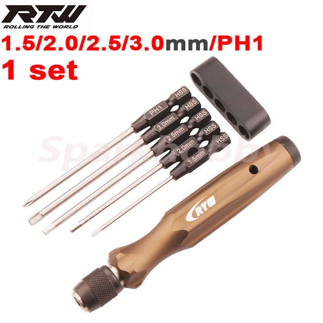 1SET RTW 5 in 1 Hex Phillips Screwdriver Repairing Tool 1.5/H2.0/H2.5/H3.0mm/PH1 holder and head High speed steels RC Model ACCS