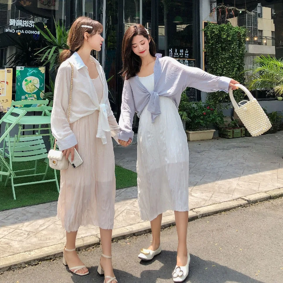 

Photo Shoot INS Normcore Style White Long Style Camisole Crew Neck Pleated A- line Dress Fold-down Collar Sun-resistant Shirt Tw