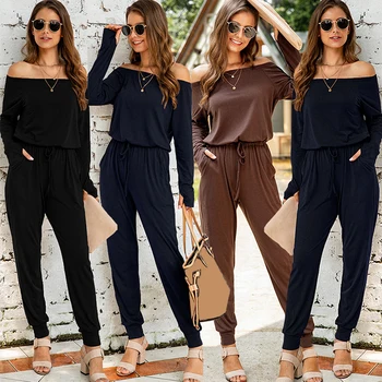 

Slash Neck Long-sleeved Jumpsuit Women High Waist Belt Lace-up Romper Ladies Loose Solid Casual Office Streetwear Jumpsuits