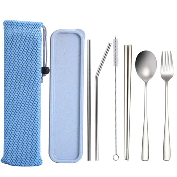 

Portable 6 Pieces Flatware Set,Reusable 304 Stainless Steel Durable Travel Cutlery Set-Blue