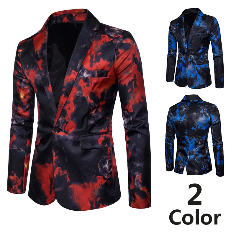 

Autumn And Winter New Style Men Ouma One-Button Suit Red And Blue Flame Printed Suit Formal Dress Costume X976