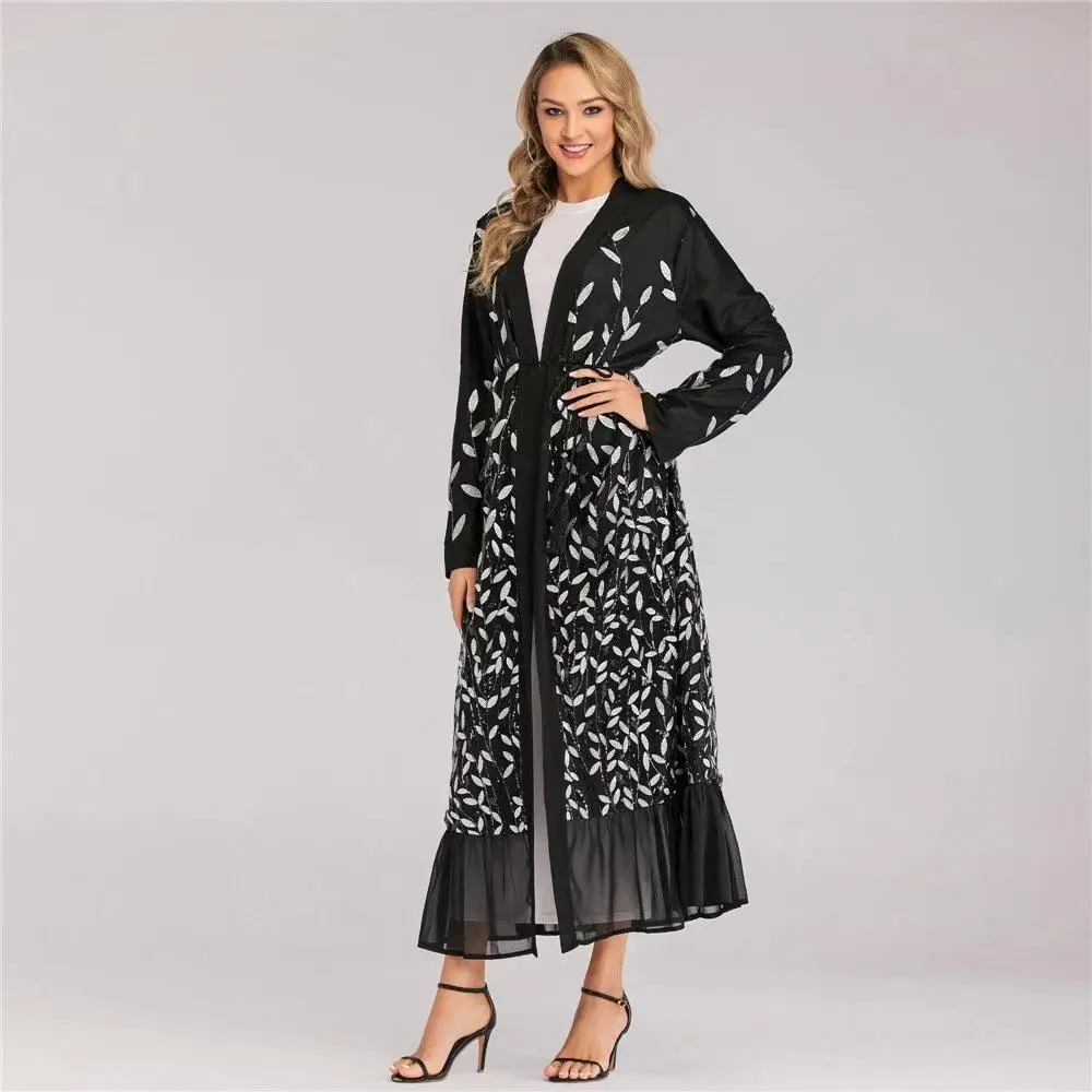 Дубай кружева abaya открытый кафтан вышивка длинный кардиган платье мусульманские женщины jilbaw халат драпированный дизайн лоскутное Арабский исламский