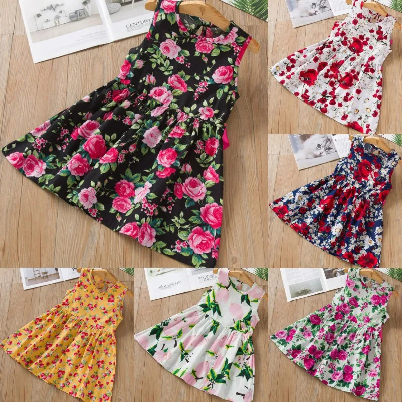 

Girls'Dresses Spring and Summer 2019 Girls' Sleeveless Flower Printed Cotton and Flax Flower Dresses Girls' Christmas Dress