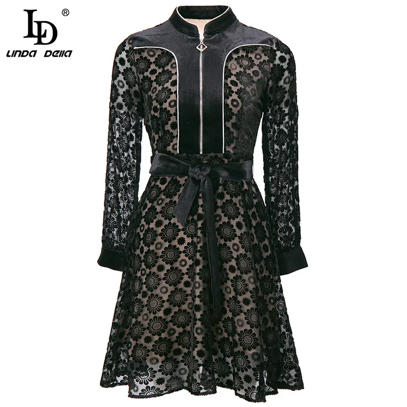 

LD LINDA DELLA Fashion Designer Autumn Women Vintage Mini Dress Black Lace Patchwork Embroidery Belted A Line Short Dress