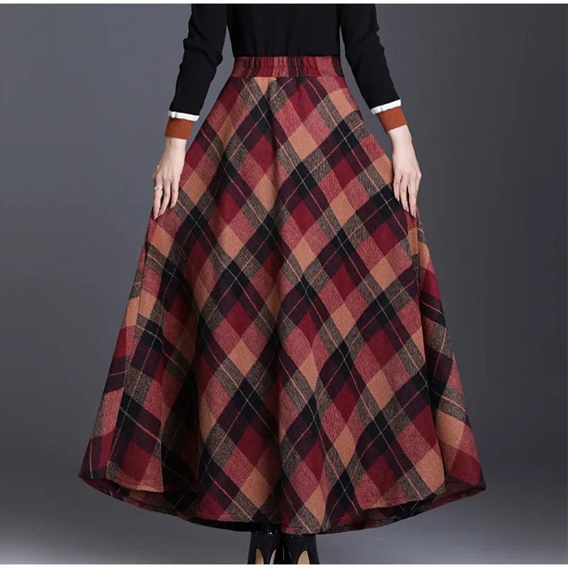 Осенне-зимняя женская клетчатая юбка, шерстяная длинная юбка, большие качели, половина длины, британский стиль, женские шерстяные юбки