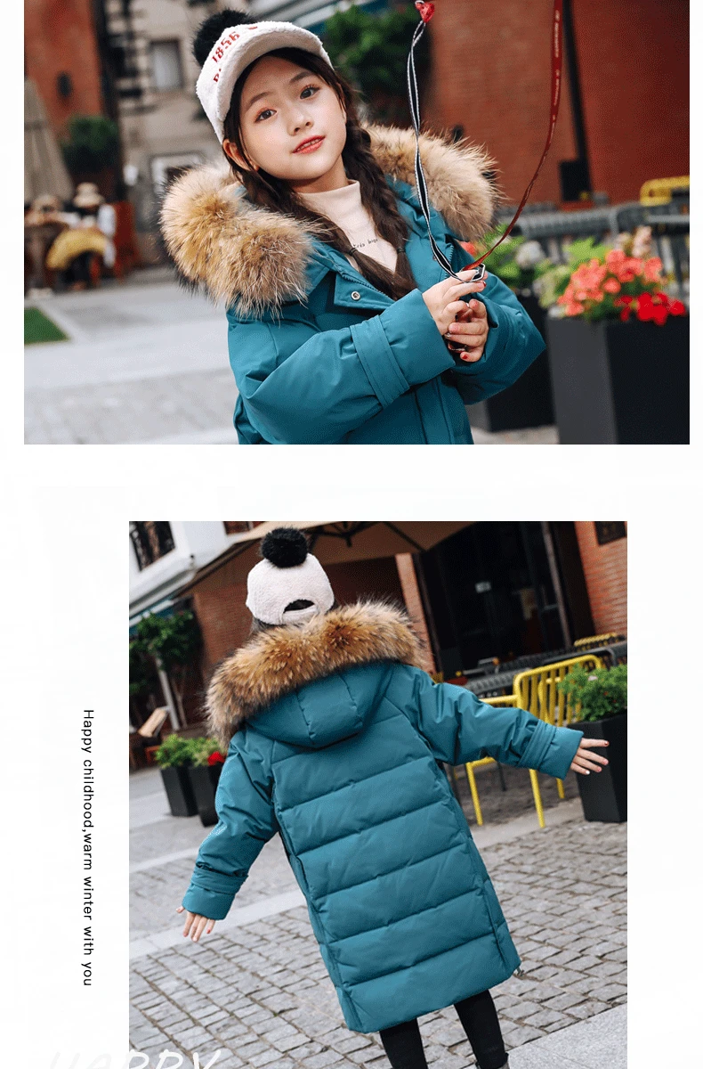 Детская куртка-пуховик на утином пуху-30 градусов девушки зима Теплая куртка с натуральным мехом для детей Детская парка верхняя одежда для детей-подростков, детский зимний комбинезон