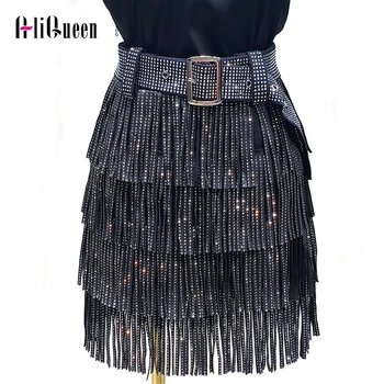

Black Diamond Fringed PU Leather Skirts Womens High Waist Sexy Tassel Female Slim Belted Pencil Mini Club Party Skirt Streetwear