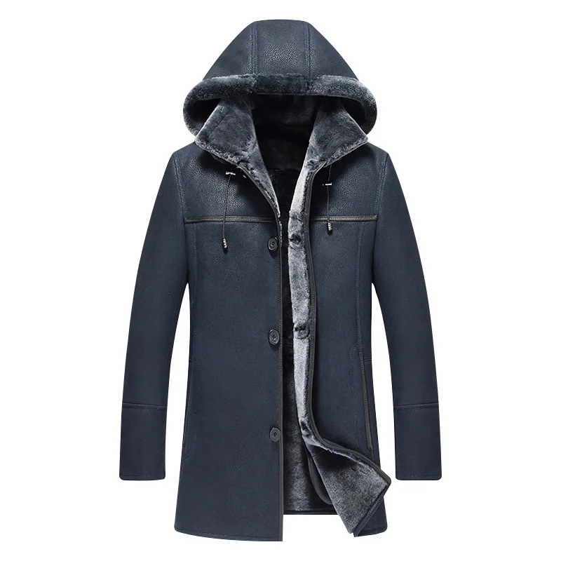 dark blue Кожаная мужская куртка, стрижка овец, натуральный мех, теплое зимнее пальто с капюшоном, мужская кожаная куртка, Chaqueta Cuero Hombre 67303 YY687 - Цвет: dark blue