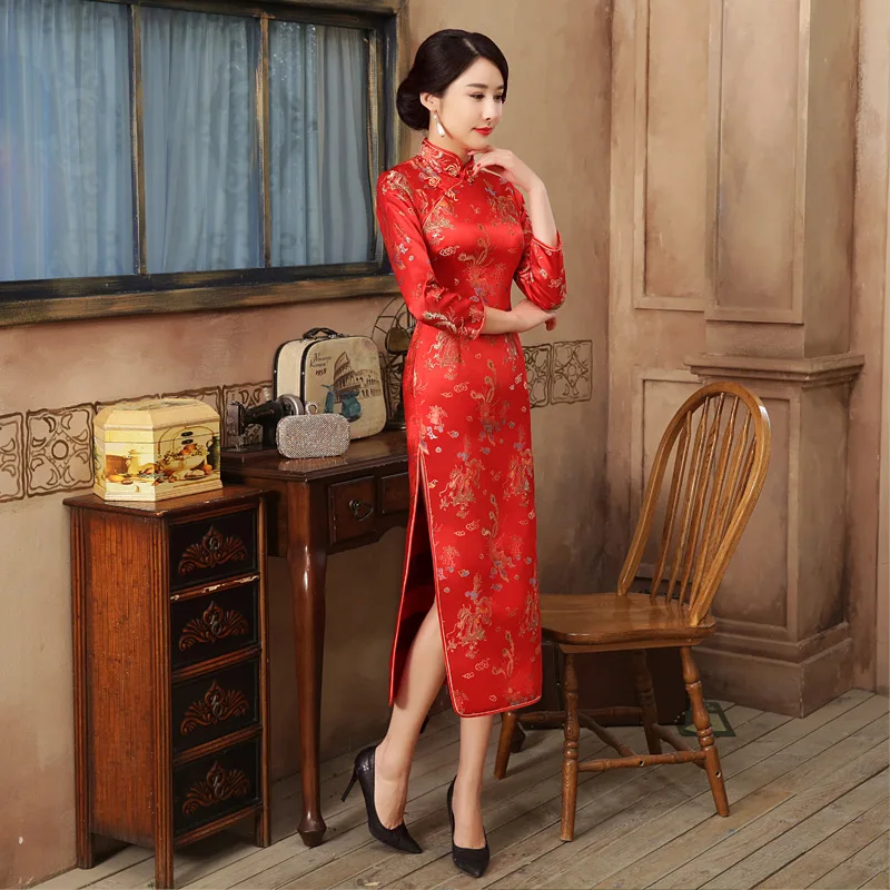 Новое улучшенное китайское длинное платье Cheongsam элегантное плотное платье с принтом Cheongsam Show T_shirt cheongsam платье Элегантное Атласное