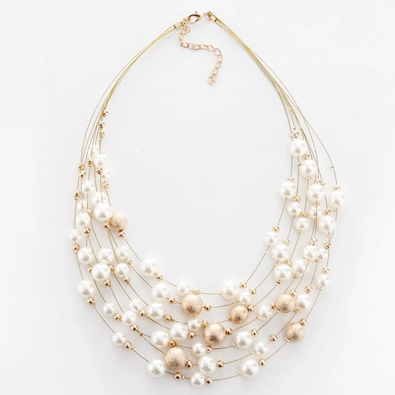 2021 New Arrivals Fashion Jewelry Gold Color Multi Layer Chains Imitation Pearl Necklaces For Women Party Wedding Bride Necklace