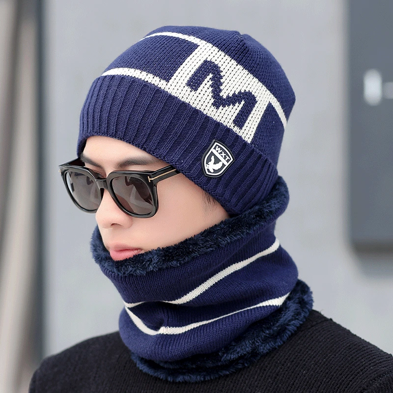 

2019 Men knit wool hats ring scarf set Korean autumn and winter plus velvet warm ear protect cool boy hat