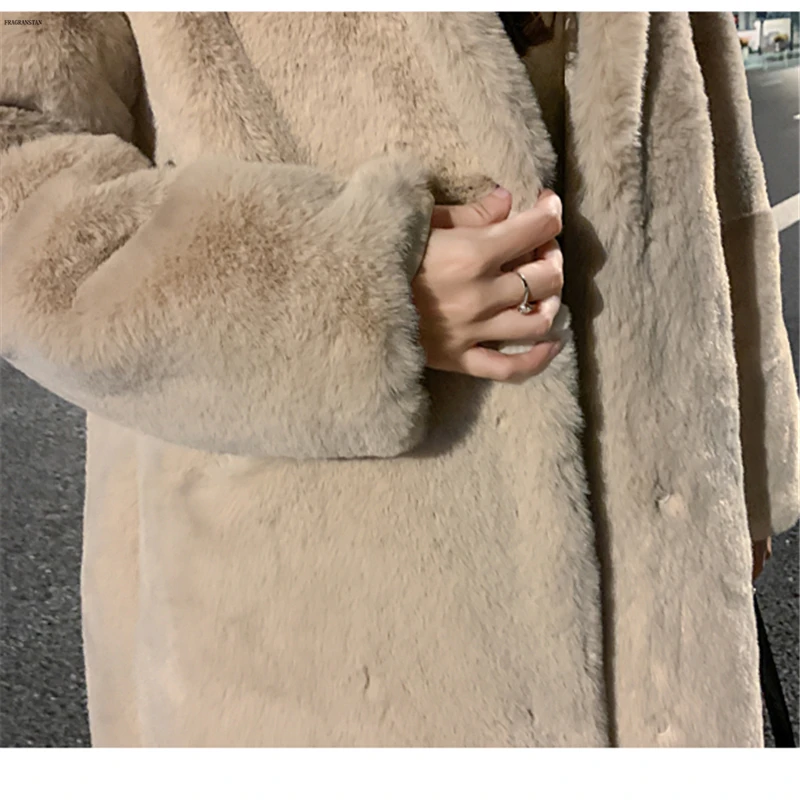 Зимняя Корейская версия, повседневное длинное меховое пальто, новая мода, Свободное пальто с капюшоном, длинный рукав, толстое теплое пальто для женщин JQ1091