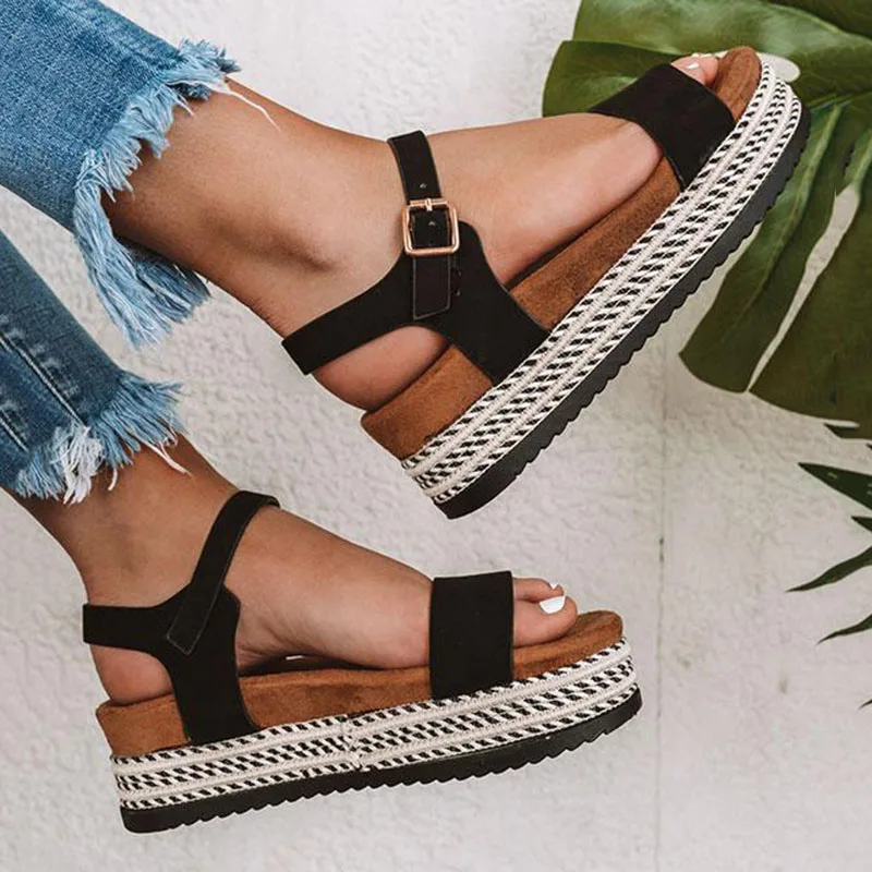 Zapatos de mujer, Sandalias planas de plataforma alta, sandalias de mujer  con parte inferior gruesa de paja, sandalias de playa con punta abierta,  zapatos de verano con hebilla para mujer|Sandalias de mujer| -