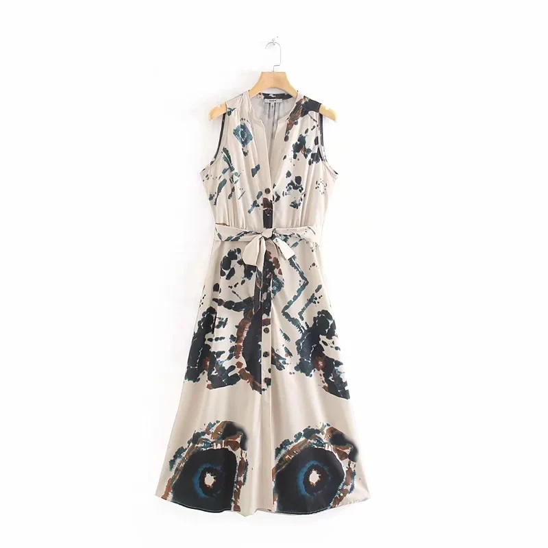 

COZARII summer dress women vestidos casual style sashes tie-dyed A-Line sleeveless vestidos de fiesta party dress tops plus size