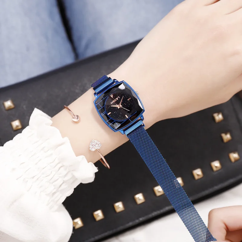 blue Квадратные женские наручные часы Звездное небо женские часы кожа кварцевые часы Элегантные женские часы браслет часы Montre Femme - Цвет: blue
