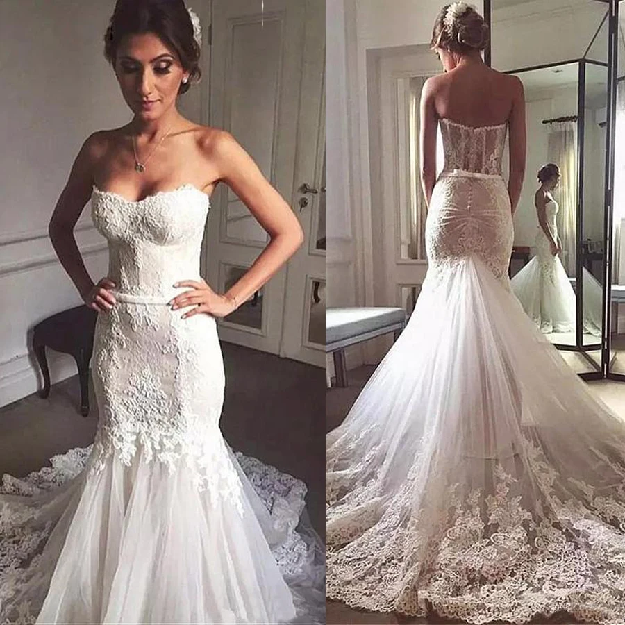 

Miaoduo Strapless sleeveless and backless Mermaid Wedding Dress with lace Appliques white color for beautiful mariage bride