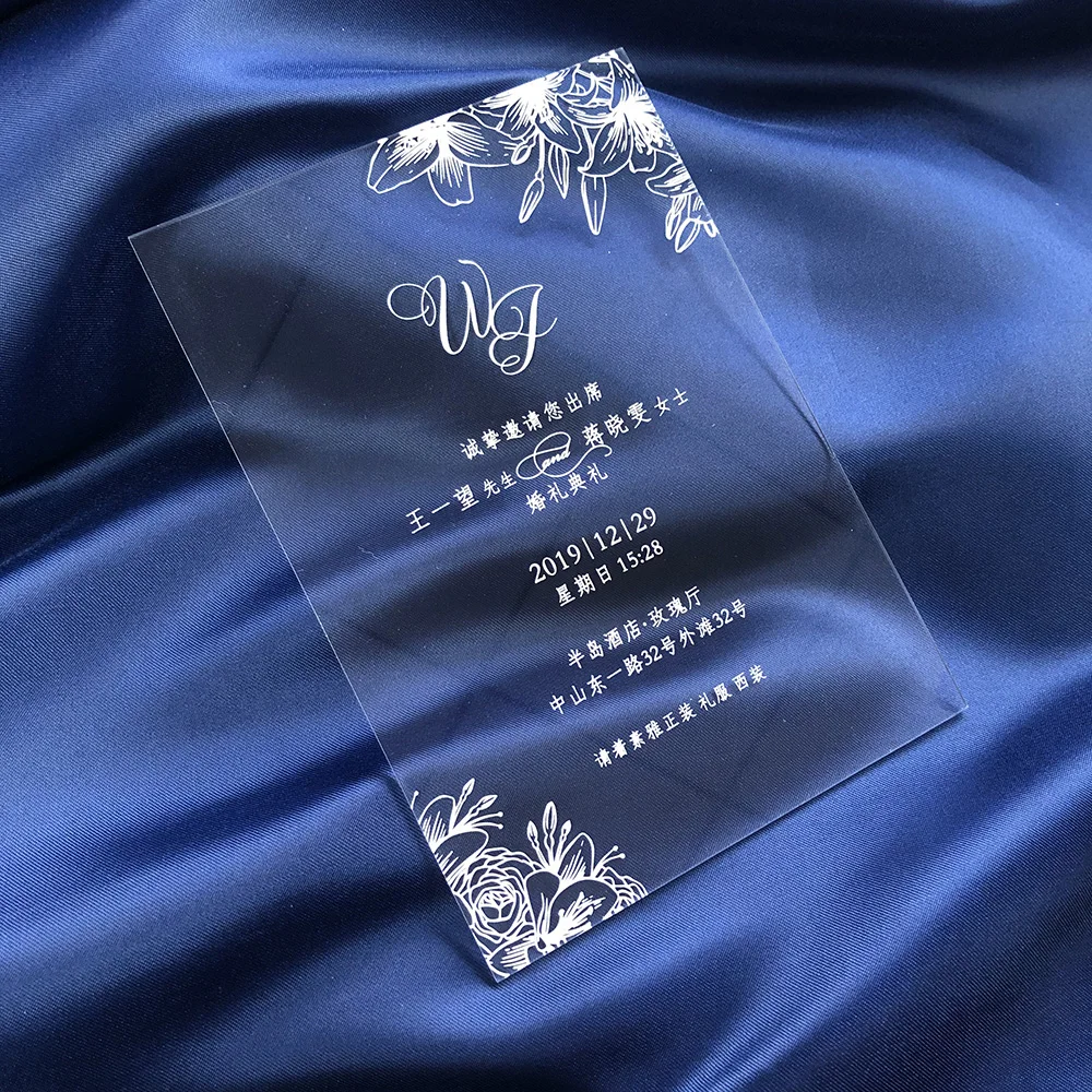  2020 white print clear acrylic wedding invitation with leaves design with blue box - 4.00047E+12