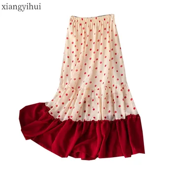

Black Green Red Fashion Polka Dot Chiffon Skirt Women Bohemian Summer Elastic Waist Patchwork Skirt Mid-culf Beach Preppy Style
