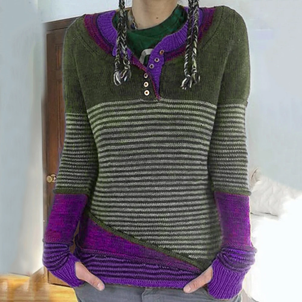 NIBESSER для женщин Осень Зима повседневные пуговицы для свитера с круглым вырезом лоскутный пуловер с длинным рукавом Дамы полосатый джемпер Трикотаж женский