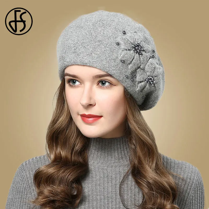 - FS Women Berets Knitted Wool Hats Winter Flowers Warm Female Cap Girls Beanies Rabbit Fur Hat Gorros Bonnet Femme Hiver 2020