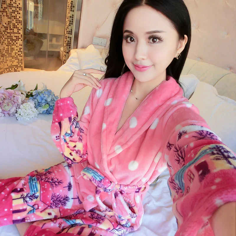 Новое Розовое женское зимнее Коралловое кимоно из рунной шерсти, домашний халат, толстая теплая ночная рубашка для отдыха, милая Пижама для влюбленных пар, Мужская Ночная рубашка - Цвет: Robe 8