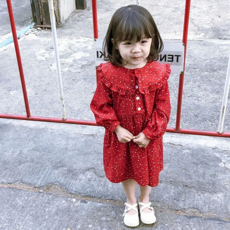 Платье для маленьких девочек 1-7 лет; милое осеннее повседневное милое платье принцессы в горошек с отворотом и длинными рукавами
