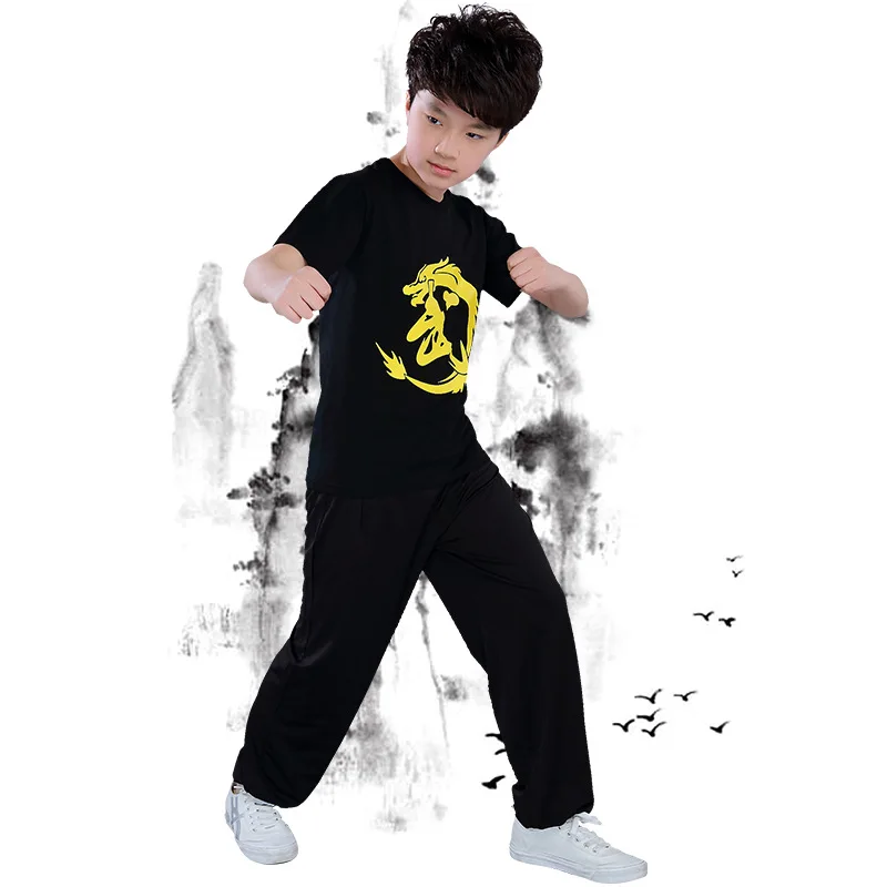 For Height 110-180cm Children Martial Arts Chinese WU Kungfu Training Set Summer Clothes Sets Taiji Boxing Performance Suits - Цвет: black set