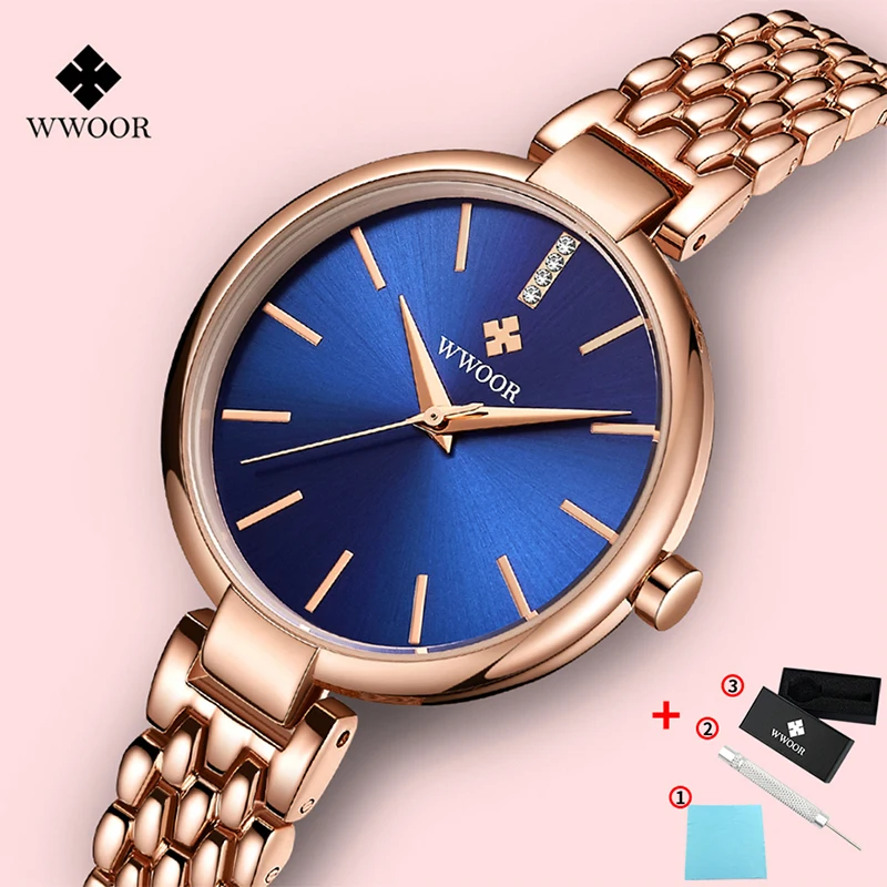 Reloj mujer, WWOOR, женские модные розовые синие часы, женские часы из нержавеющей стали, роскошные изысканные женские часы, relogio feminino