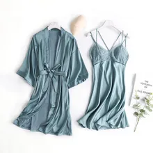Женский халат и платье, комплект из 2 предметов, банный халат, комплект для сна, тонкая домашняя пижама пикантное ночное белье с нагрудники, пижамы