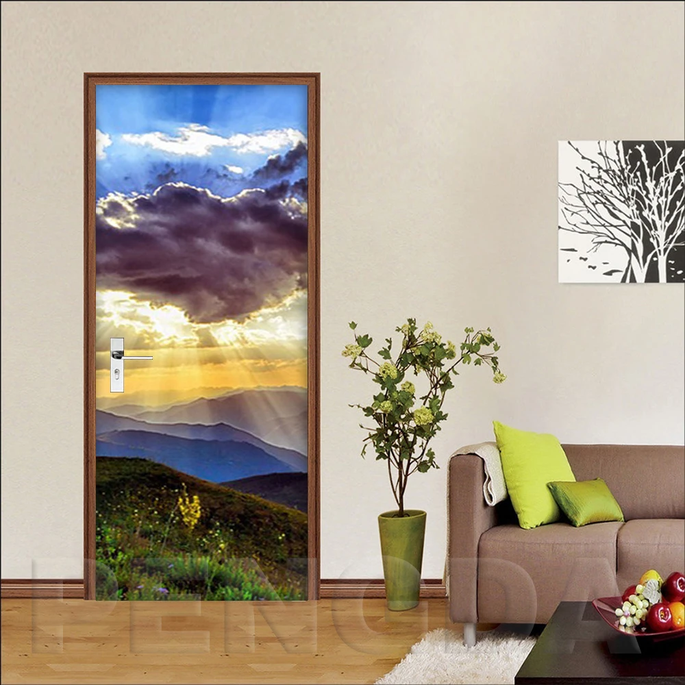 Self Adhesive Decal PVC Door Sticker Picture Snow Mountain Scenery Paper DIY For Living Room Waterproof 3D Print Art Home Decor - Цвет: Door LXR3456-06