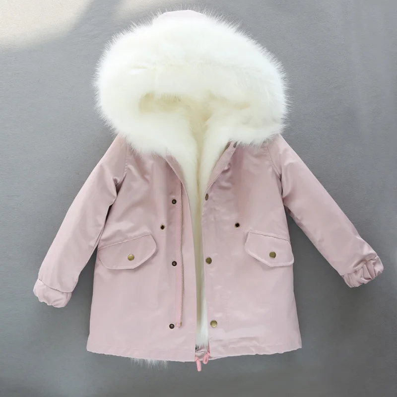 Pink White 30 градусов, пальто для девочек, куртка с капюшоном и меховым Теплые куртки для мальчиков детские зимние Водонепроницаемый толстые Детские комбинезоны Подростковая зимняя одежда - Цвет: Pink White